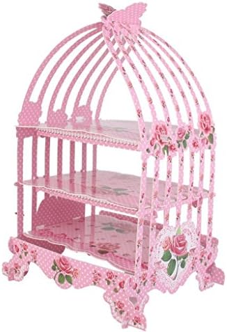 ivebetter Creative 3-Tier Birdcage Shape Cardboard Cupcake Display Stand for Wedding Party (Pink)