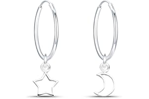 EPOCH WORLD Kolczyki ze srebra wysokiej próby 925, zwisające kolczyki z księżycem i gwiazdą, średnica 16 mm, dla kobiet, dziewcząt, Srebro szterlingowe