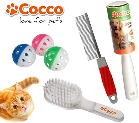 Set of accessories for the cat. sticky lint roller, comb, 3 games and sticky brush to remove hairs from sofas and carpets.