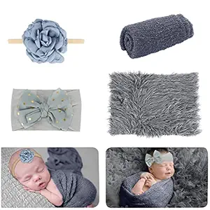 Newborn Photography Props - 4 PCS Baby Photo Props Long Ripple Wraps DIY Blanket with Headbands, Gray Toddler Newborn Wraps Photography Props Mat Set for Baby Boys