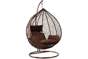YESUITME Indoor Outdoor Hanging Egg Chair with Steel Frame and White Cushion - Garden Swing Seat for Patio Reading and Lounge in Brown