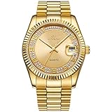 BUREI Herren Damen Klassische Analog Quarz Armbanduhr Full Gold Dial mit Zahlen und Strass Datum Fenster Edelstahlgehäuse und Armband (Gold-3)