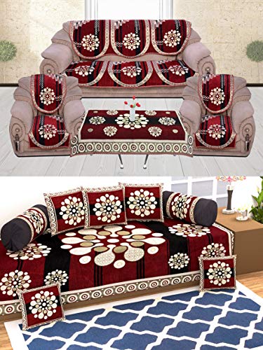 Decorista Polycotton Diwan Set with Sofa Covers Combo (Maroon, Standard)