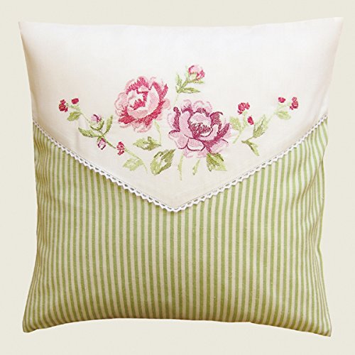 Shabby Chic Kissenhülle in hellgrün gestreift liebevoll bestickt mit Rosen in rosa und Spitze - Kissen 40x40 cm Typ316