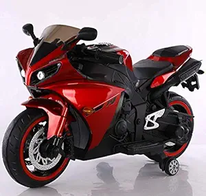 SHAKYA WORLD R1 Sports Ride on Electric Motor Bike for 1-7 Years Kids/Children/Toddlers with 12V Rechargeable Battery Operated/Music System/Working Lights/Training Wheels, Red