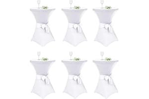 Alishomtll Juego de 6 fundas elásticas para mesa alta con lazo, diámetro de 80 cm, elegantes fundas elásticas para mesa de bistró, mesas altas, banquetes o bodas (diámetro 80 x 110 cm, color blanco)