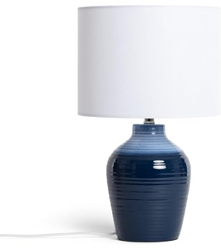 Lampada Da Tavolo In Ceramica Blu Con Paralume In Tessuto Bianco, Altezza 42 Cm, Diametro 25 Cm, Attacco E14 Max 40W, Interruttore Su Cavo
