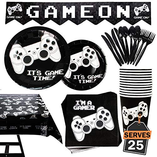 Lot de 177 Pièces de Fête Jeu Vidéo Comprenant Bannière Assiettes Tasses Serviettes de Table Nappe Cuillère Fourchettes et Couteaux pour 25 Personnes