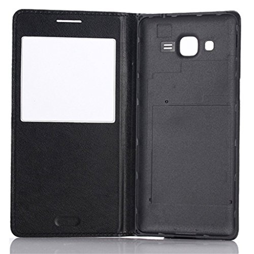 e-max 4 in 1 Schutzhülle Flip Cover mit rundem Sichtfenster für Samsung Galaxy Grand Prime SM-G530FZ, inklusive Displayschutzfolie und Eingabestift, Weiß schwarz #Noir pour Galaxy Grand Prime G530H - 4