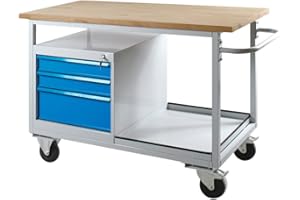 HEMMDAL Mobile Werkbank mit 3 Schubladen | 300 kg Tragkraft | HxBxT 86 x 130 x 60 cm | 2,7 cm Massivholz-Platte | 2 Lenkrollen mit Feststellern | Profi-Werkbank | mobiler Arbeitstisch | Made in EU