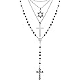 Jadive 3 Pcs Cross Necklace Set Include 80s Vintage Cross Necklace 80s Hexagram Pendant Set Black Glass Rosary Beads Rosaries for Costume Set