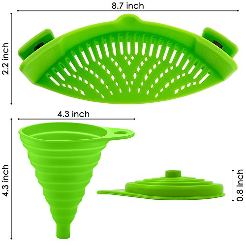 Silikon-Snap-Sieb mit 2 Zusammenklappbaren Trichtern, FineGood Hands-Free Clip-on Hitzebeständiger Colander Pour-Auslauf für Pasta Gemüse-Nudeln Topfschale Pan – Green - 5