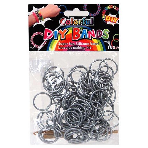 Loom Bands Colorful Silicone Metallic Silver Colour 100 Pieces with Clips & Loom Tool