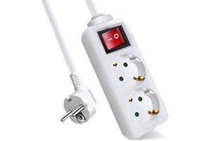 EXTRASTAR Regleta Alargador con 2 Enchufes e Interruptor, Cable 1.5M, para el hogar, Oficina y Viajes, 16A, 250V, 3680W, Blanco