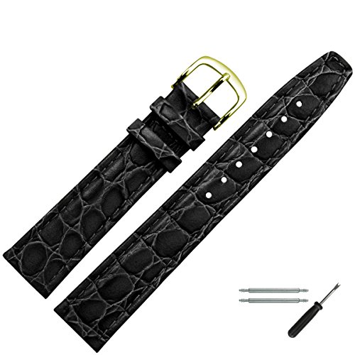 Uhrenarmband 16mm Leder schwarz Prägung, Kroko, mit Naht - inkl. Federstege & Werkzeug - Lederarmband für Uhren mit gleichfarbiger Naht & Krokoprägung - Marburger seit 1945 - schwarz / gold Uhrenarmband 16mm Leder schwarz Prägung, Kroko, mit Naht - inkl. Federstege & Werkzeug - Lederarmband für Uhren mit gleichfarbiger Naht & Krokoprägung - Marburger seit 1945 - schwarz / gold