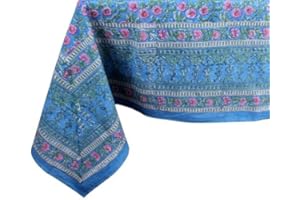 THE Unltd India 100% Cotton Tablecloth Cover - Sky Blue Indian Hand Block Printed - 4-Seater 59x59 Inch - Washable Reusable Square Dining Cloth for Home, Restaurant, Hotel, Event & Everyday Use