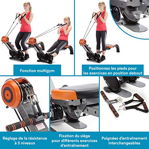 skandika Regatta Multi Gym Poseidon - Rameur d'appartement Pliable - Silencieux - Peu d'entretien (GIS/Orange)
