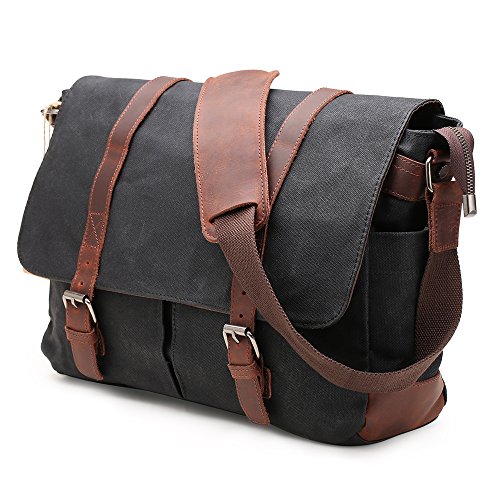 Messenger Bag H-ANDYBAG Waxed Canvas Schwarz Crossbody Arbeiten Schultertasche Passt 15 Zoll Laptop