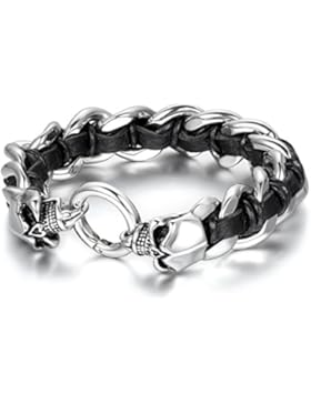 JewelryWe Schmuck Herren Armband, Biker Gotik Totenkopf Schädel Link, Leder Edelstahl, Schwarz Silber