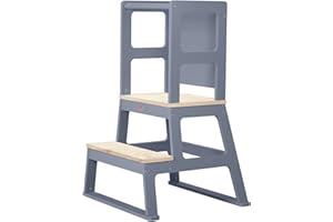 Baby Vivo Tour d'apprentissage en Bois avec tableau - Montessori Tabouret pour Enfants Bébé à partir du Support - pour Les Tout-Petits de 18 Mois à 3 Ans Comptoir de Cuisine-Salle en Gris
