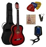 Farbe: rot-schattiert 4/4 GITARRE - KONZERTGITARRE IM SET - CLASSIC - ROT-SCHATTIERT - DECKE LINDENHOLZ - TASCHE - BAND - SAITEN - 3xPIK - STIMMGERÄT ET33B - C24