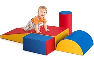COSTWAY Set di 5 Blocchi con Diverse Forme e Colori, Giocattolo per Arrampicata e Strisciamento, Aiuta i Bambini a Crescere (Rosso)