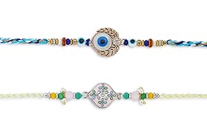 SWACRAFT Raksha Bandhan Set of 2 Rakhi for Brother | Traditional Rakhi for Small Brother Sister| Evil Eye Paisely Rakhi for Brother Bhaiya Bhabhi | Designer Pearl Rakhi for Brother | VRDUK017