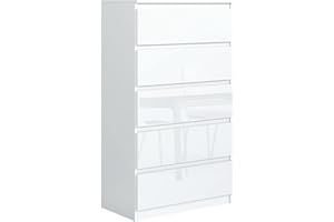 meble masztalerz Komoda Biała z 5 szufladami - Fronty w połysku - 70,4x125x39 cm - Komoda do salonu, sypialni - Szafka z szufladami - Komoda z szufladami