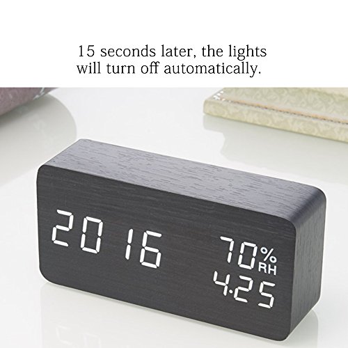 Holz LED-Design Digitaler Wecker, Datum Temperatur und Feuchtigkeitsanzeige, Sound-Sensor Wecker, 3 Stufen LED Helligkeit (Hölzernes Schwarz) - 3