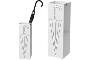 Bakaji BAK3W stojak na parasole, metalowy, biały, z miską na wodę, haczyk na parasol, laskę, kwadratowy, 49 x 15,5 x 15,5 cm, nowy design