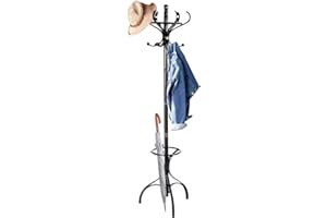 CASART Floor Standing Hat Coat Scarf Stand Hanger with 6/12 Hooks, Umbrella Stand Hall Tree Rack for Hallway Bedroom Home Office (Black, 12 Hooks+Umbrella Stand)