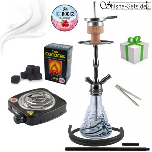 Shisha Set mit Shisha Amy Deluxe Stillness Klick II, Kohleanzünder, Naturkohle, Kaminkopf, Dampfsteine (Schwarz / Dunkel-Chrom)