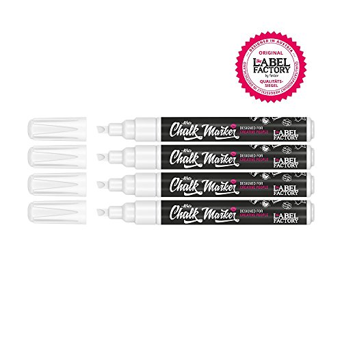 the LABEL FACTORY · 4er SET Kreidestifte weiß · 1-4mm Keilspitze mit flüssiger Kreide · Designed in Austria · Made in Germany