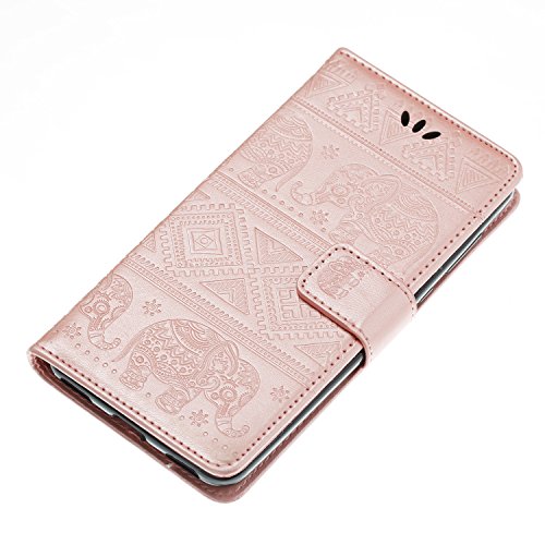 Cover Huawei Y5 2017, Custodia Huawei Y6 2017, CaseLover PU Pelle Libro Flip Portafoglio Goffratura Elefante Custodia per Huawei Nova Young / Huawei Y5 III Interno Silicone TPU Protettiva Caso con Porta Carte Chiusura Magnetica Supporto Funzione Appoggio Cuoio Protezione Copertura (5.0 Pollici) - Oro Rosa