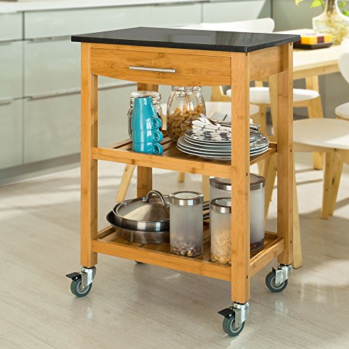 SoBuy® Servierwagen, Küchenwagen, Küchenregal aus Bambus mit Granitarbeitsplatte;B58xT40xH85cm,FKW28-SCH - 3