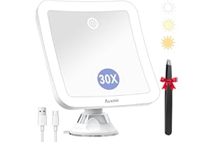 ‎AUXMIR Auxmir 30X Schminkspiegel mit Beleuchtung, 2000mAh Aufladbar Kosmetikspiegel mit Saugnapf, 3 Lichtfarben Dimmabr Helligkeit, 30fach Vergrößerungsspiegel mit Licht, 360° Drehbar, Tragbar für Bad, Reise