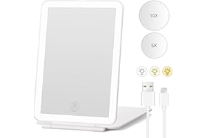Kemowi Makeup Vanity Mirror with 72 LED Light & 5X/10X Magnifying Mirror, Rechargeable Light Up Mirror with 3 Color Lighting, Tabletop LED Folding Cosmetic Mirror for Travel