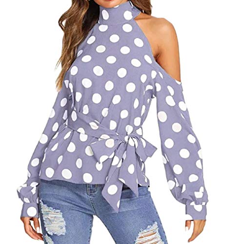 MORCHAN Les Femmes Holiday Dot Print Off Froid épaule Cravate à Manches Longues Ceinture Blouse Shirt Top(FR-42/CN-L,Violet)