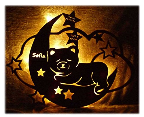 Taufgeschenke von Schlummerlicht24 Nachtlicht "Mondtraum Teddy Lampe" mit Name nach Wunsch, LED-Lampe für das Kinderzimmer oder das Babyzimmer, ideal als Taufgeschenk oder als Geschenk zur Geburt, handgemacht