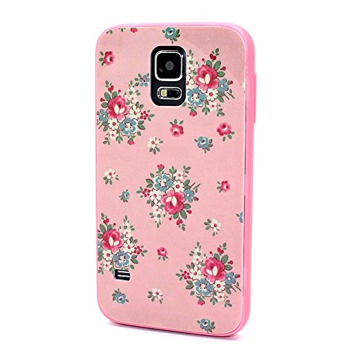 PowerQ Multi Pattern Colorful Combo Style for Samsung Galaxy S5 I9600 Soft TPU Cover and Plastic PC Bumper Combine Combo Mix Material Case Pattern Print Printing Drawing Cell Phone Case mobile Cover Soft Protect Skin (pink flowers)