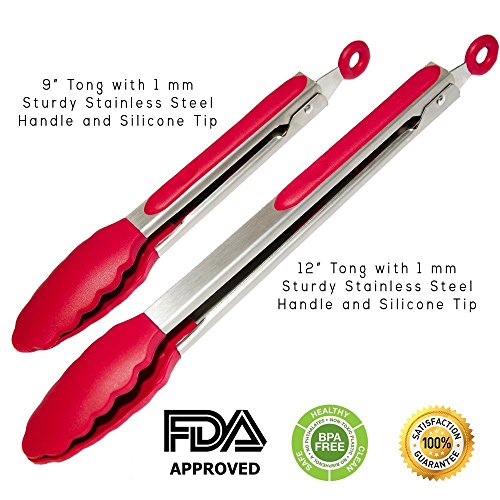 Chef Hessler, erstklassige Qualität, widerstandsfähiges Premium Silikon Zangen-Set für die Küche zum Kochen, Braten, Grillen (rot,22 cm & 30 cm) + Silikon Pfannenwender (rot, 28 cm) - 3