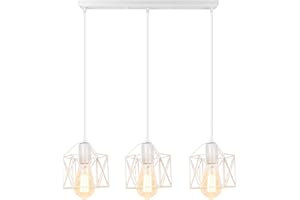 iDEGU Lampadario a Sospensione Vintage, 3 Luci Lampade a Sospensione E27 in Metallo Ø15 Gabbia Design Esagono Retrò Lampada da Soffitto per Cucina, Sala da Pranzo, Soggiorno (50cm Rod, Bianco)