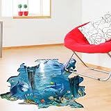 Rainbow Fox 3D Meer Wandtattoo Hai und Fische schwimmen im blauen Ozean Abnehmbarer 3D-Wandaufkleber Kunst für Kinderschmuck - 3