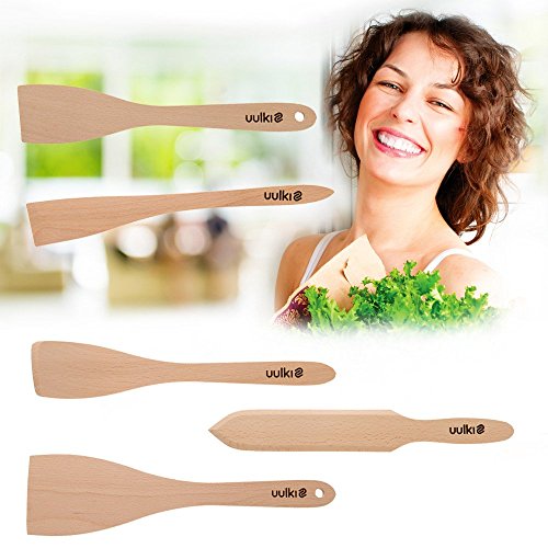 Uulki® 5-tlg. Pfannenwender Set aus Ardenner Buchenholz – Küchenutensilien hergestellt in Europa – Umweltfreundliche Bratenwender / Backschaufel / Spaten und spitzem Pfannkuchenwender /Crepes-Wender - 2