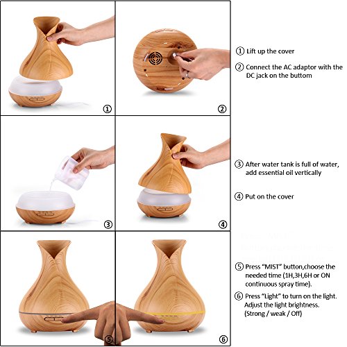 Aroma Diffuser, 400ml Ultraschall Öl Diffusor Holzmaserung Luftbefeuchter Raumbefeuchter Humidifier mit Kalten Nebel Abschaltautomatik LED Farbwechsel (Vase) - 5