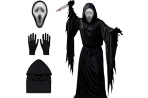 NAVESO Ghostface Costume, maskeradkostym (animal) maskeradkostym Vuxen | Halloweenkostym med svart kappa, mask, handskar, leksakskniv med blodeffekt och bä