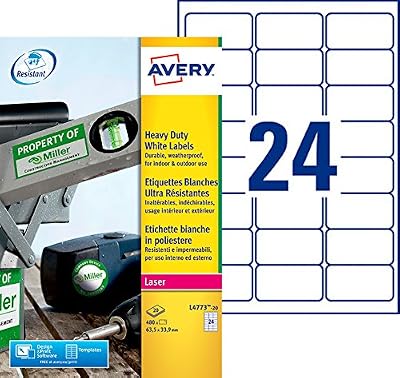 AVERY - Pochette de 480 étiquettes autocollantes ultra-résistantes en polyester, Personnalisables et imprimables, Format 63,5 x 33,9 mm, Impression laser, (L4773-20)
