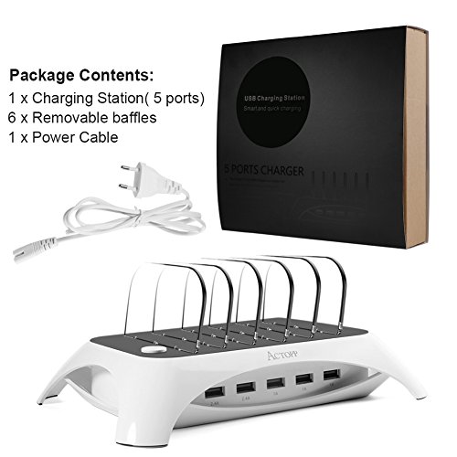 ACTOPP Stazione di Ricarica 5 Porte Caricatore USB Multi Dispositivi Caricabatterie Veloce Portatile da Tavolo Organizzatore di Cavi Dock Station di Ricarica per Smartphone e Tablet Bianco