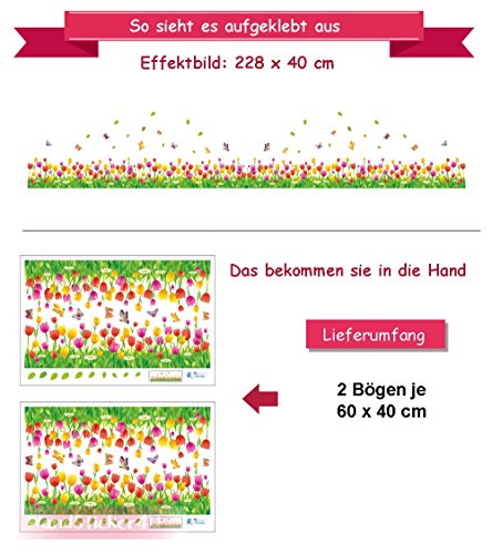 WandSticker4U- Wandtattoo „Tulpen Wiese in 2er Set“ | Breite: 228cm | Blumenwiese Blumen Gras Schmetterlinge | Wandsticker Fenstersticker Aufkleber Deko für Flur, Küche, Kinderzimmer, Wohnzimmer, Garderobe - 6