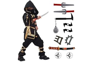 HaoVrisn Ninja Kostüm Kinder, 20 Stück Faschingskostüme Kinder mit Ninja-Kleidung und verschiedenen Waffen, Drachen Kostüm Kinder für Karneval, Halloween, Cosplay und Fasching Party